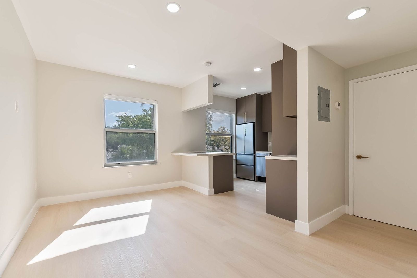 Open living room and remodeled kitchen with natural light
