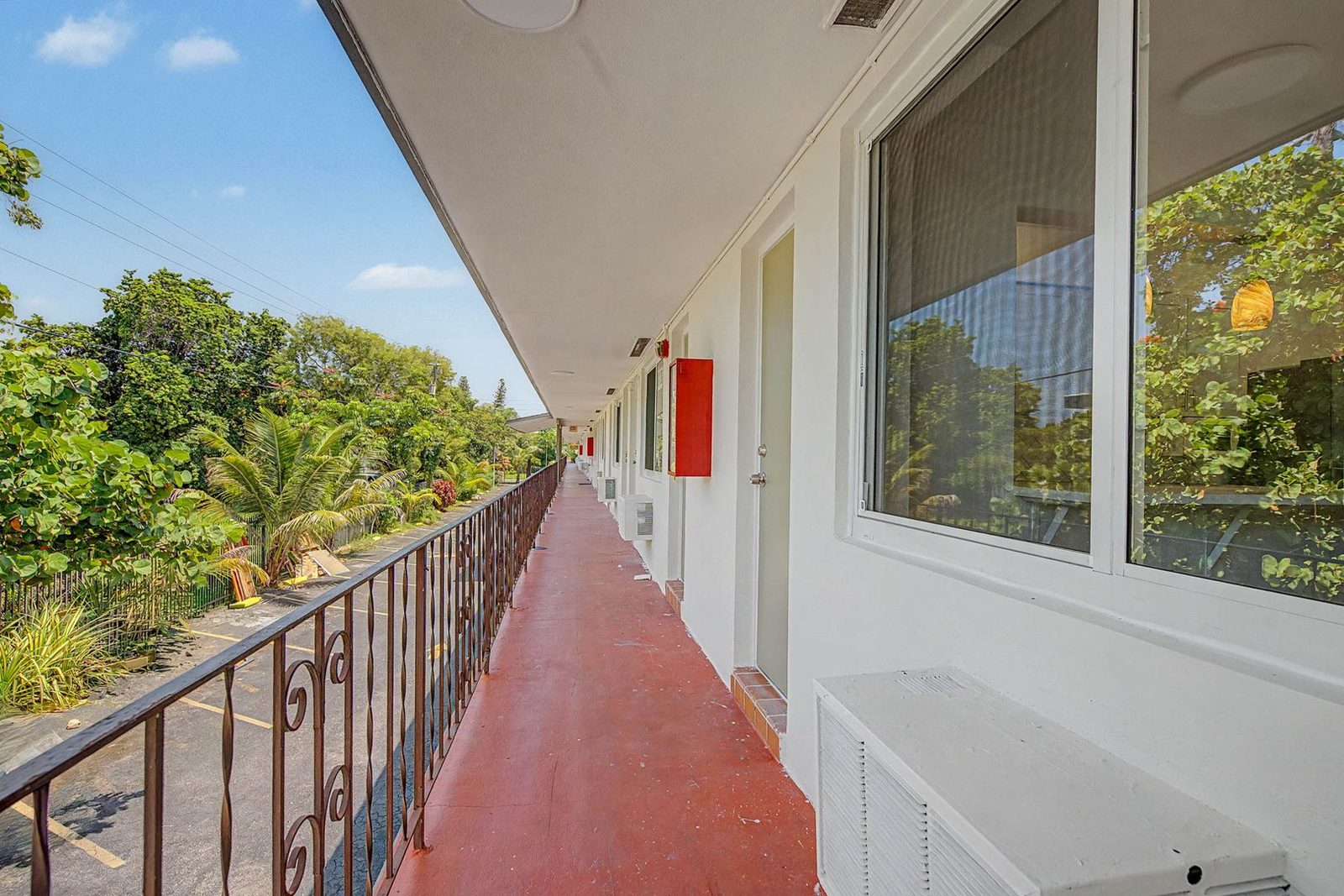 Second-floor walkway at the apartment building